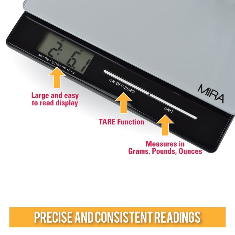 MIRA 11 lb Digital Food Scale - Glass Platform with Multi-Unit Measurement - Easy One-Touch Tare Function - Image 3